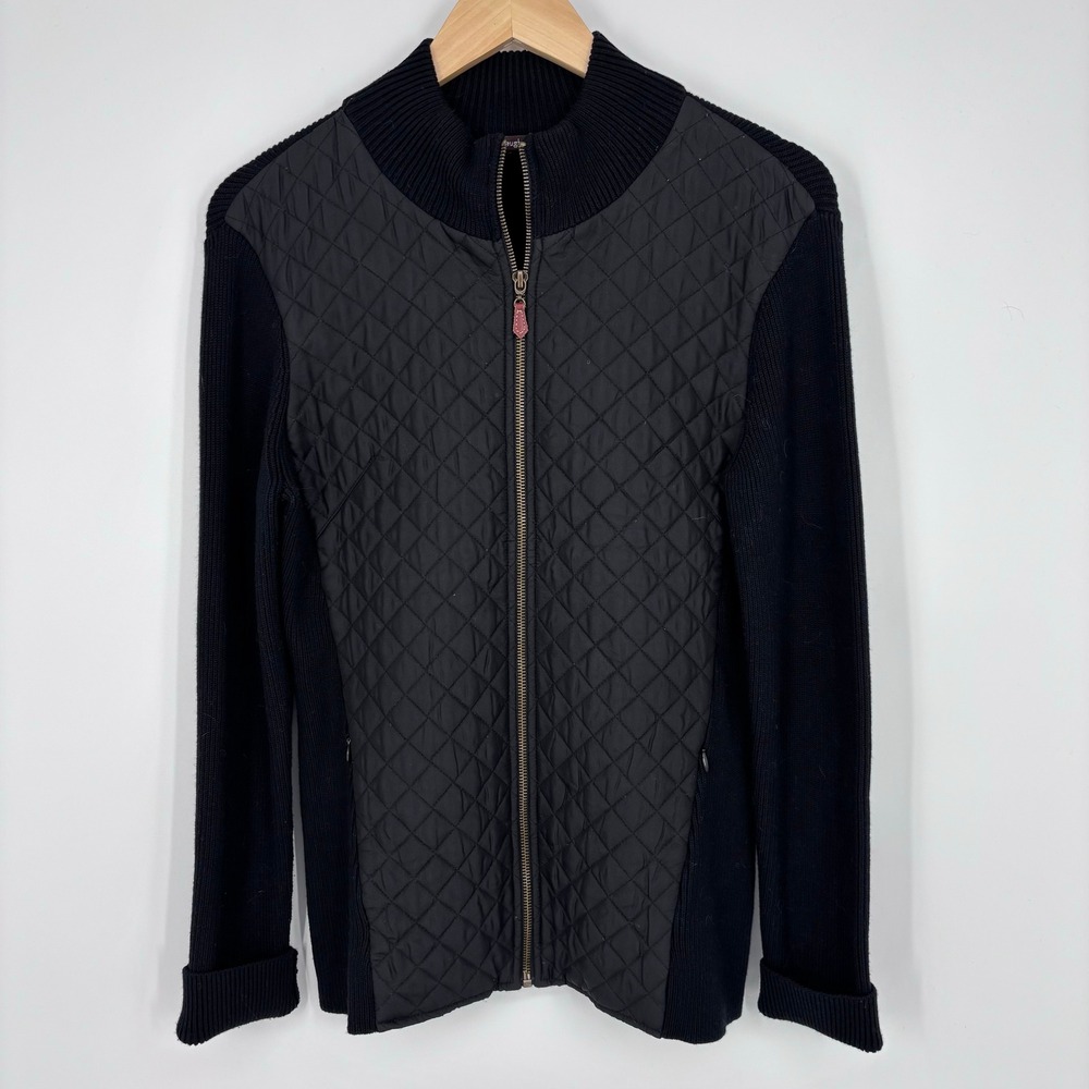 J.McLaughlin Quilted Silk Front Ribbed Knit Full Zip Jacket Womens M Black